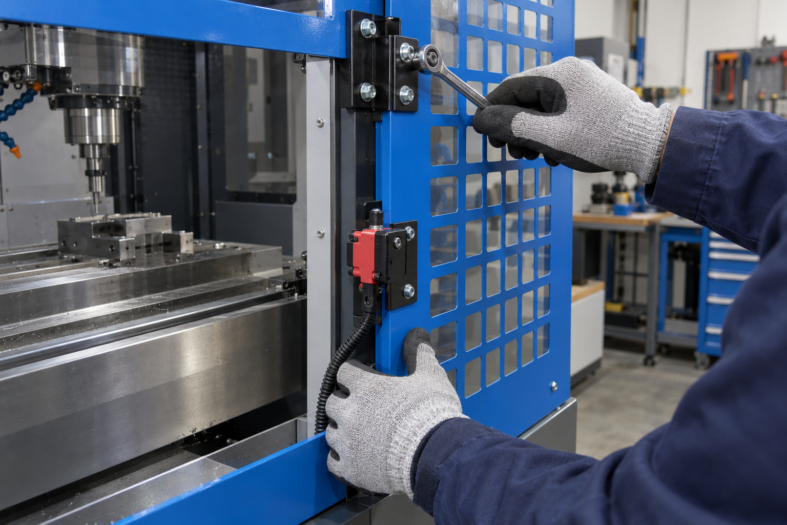 Engineer verifying a newly fitted machine guard and interlock — PUW-014
