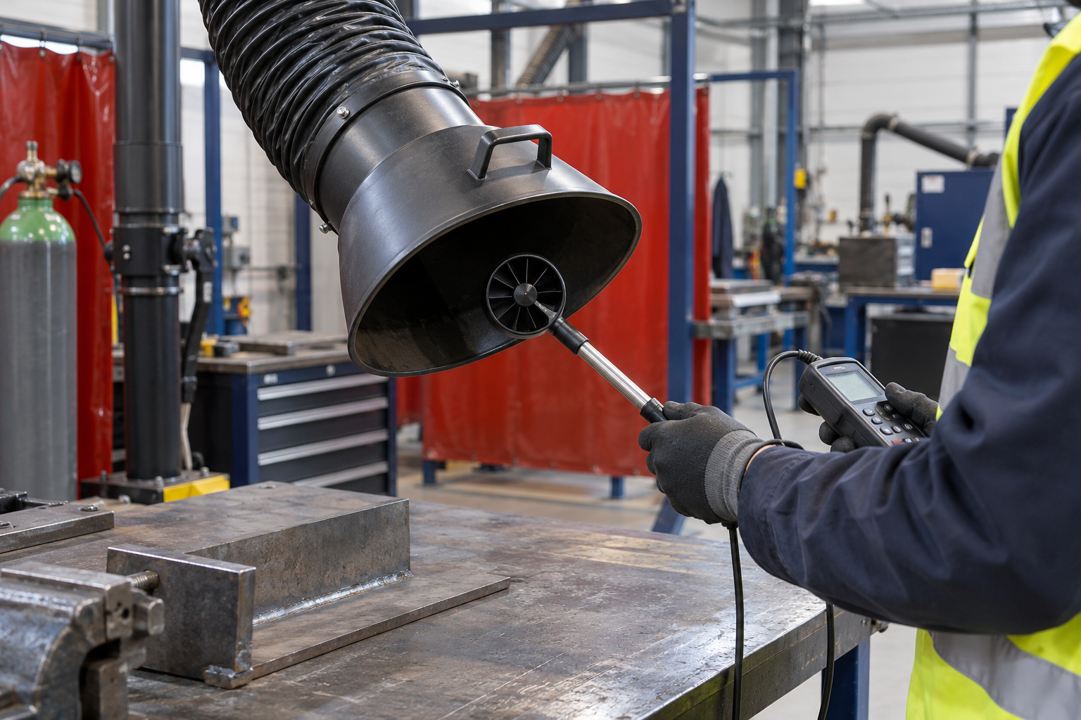 Engineer measuring airflow at a welding extraction hood — LEV-001