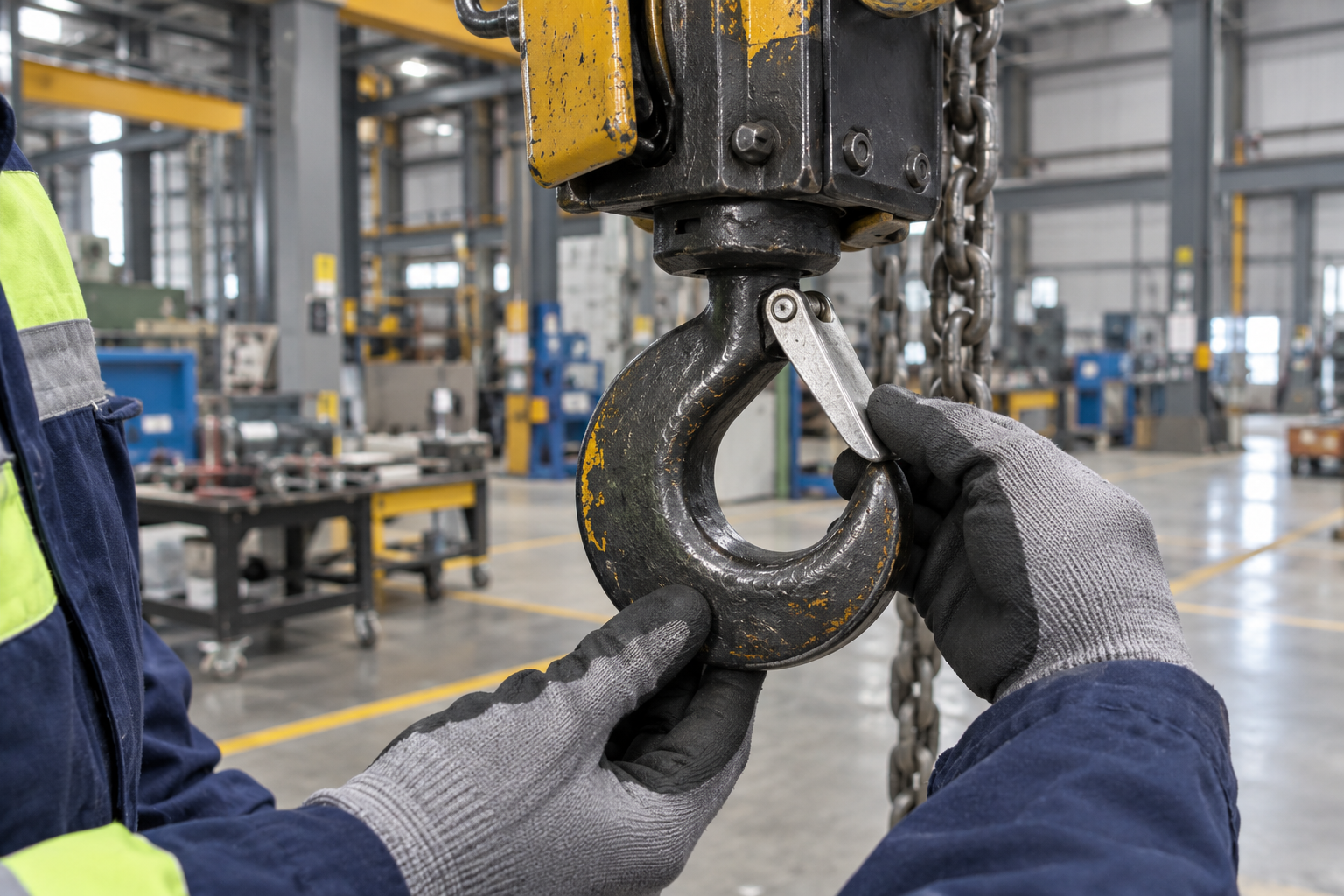 Close inspection of a chain-hoist hook and safety latch — LOL-001