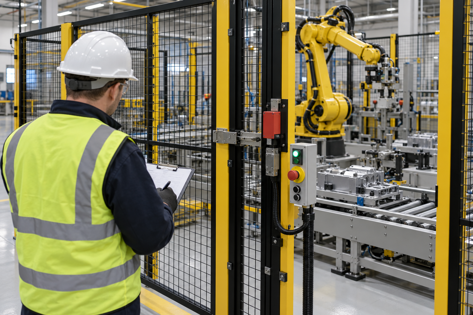 Engineer assessing the safeguards around an automated robot cell — MRA-001