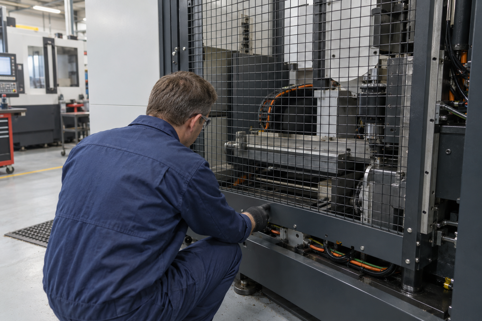 Engineer inspecting fixed guarding on a CNC machining centre — PUW-001