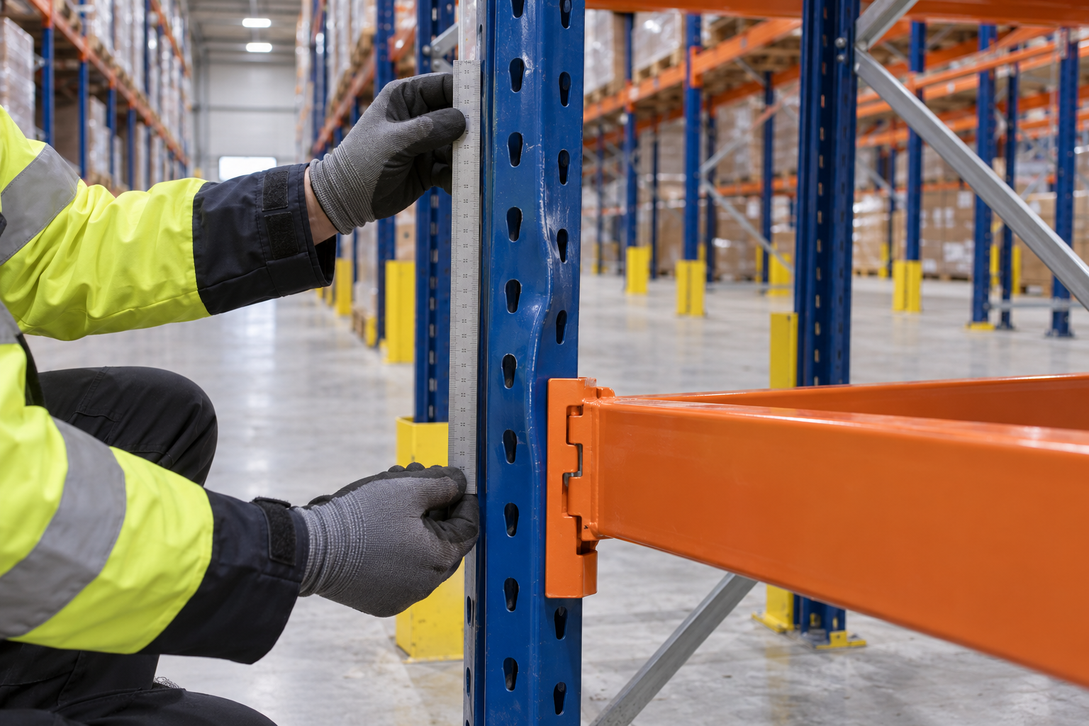 Engineer measuring a pallet-racking upright during an inspection — RAC-A03