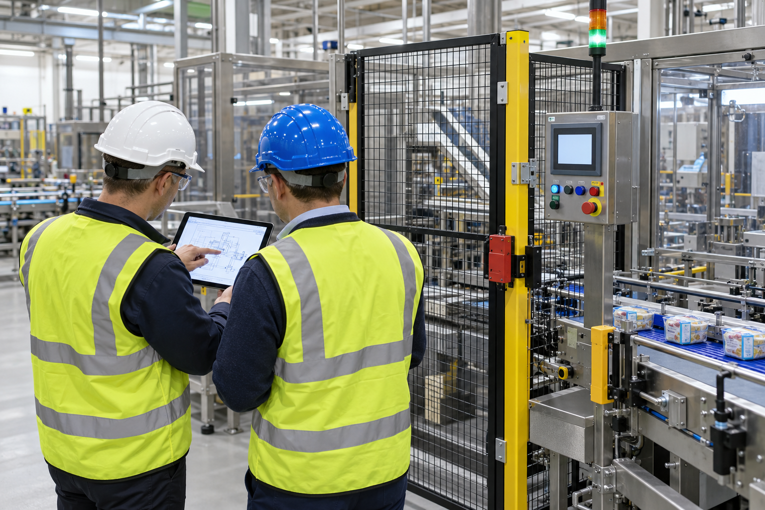 Engineers reviewing a guarded packaging-line modification — CON-001